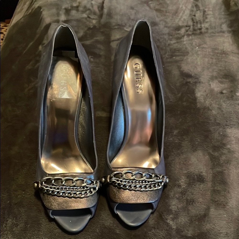 Guess Blue/Black Satin Heels with Rhinestone Embellishment